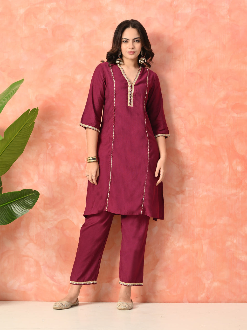 Myshka Wine Silk Blend Straight V-Neck Three-Quarter Sleeves Kurta Trousers With Dupatta | Grocsy
