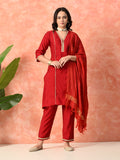 Myshka Red Silk Blend Straight V-Neck Three-Quarter Sleeves Kurta Trousers With Dupatta | Grocsy