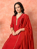 Myshka Red Silk Blend Straight V-Neck Three-Quarter Sleeves Kurta Trousers With Dupatta | Grocsy