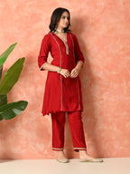 Myshka Red Silk Blend Straight V-Neck Three-Quarter Sleeves Kurta Trousers With Dupatta | Grocsy