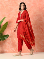 Myshka Red Silk Blend Straight V-Neck Three-Quarter Sleeves Kurta Trousers With Dupatta | Grocsy