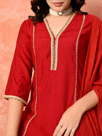 Myshka Red Silk Blend Straight V-Neck Three-Quarter Sleeves Kurta Trousers With Dupatta | Grocsy