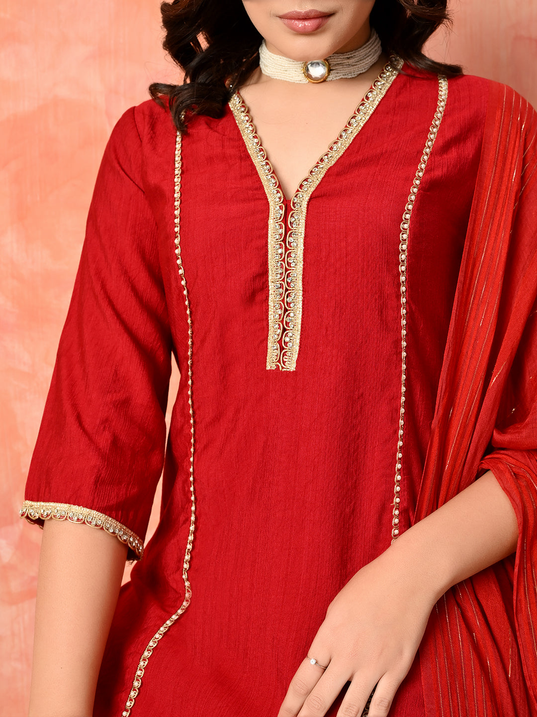 Myshka Red Silk Blend Straight V-Neck Three-Quarter Sleeves Kurta Trousers With Dupatta | Grocsy