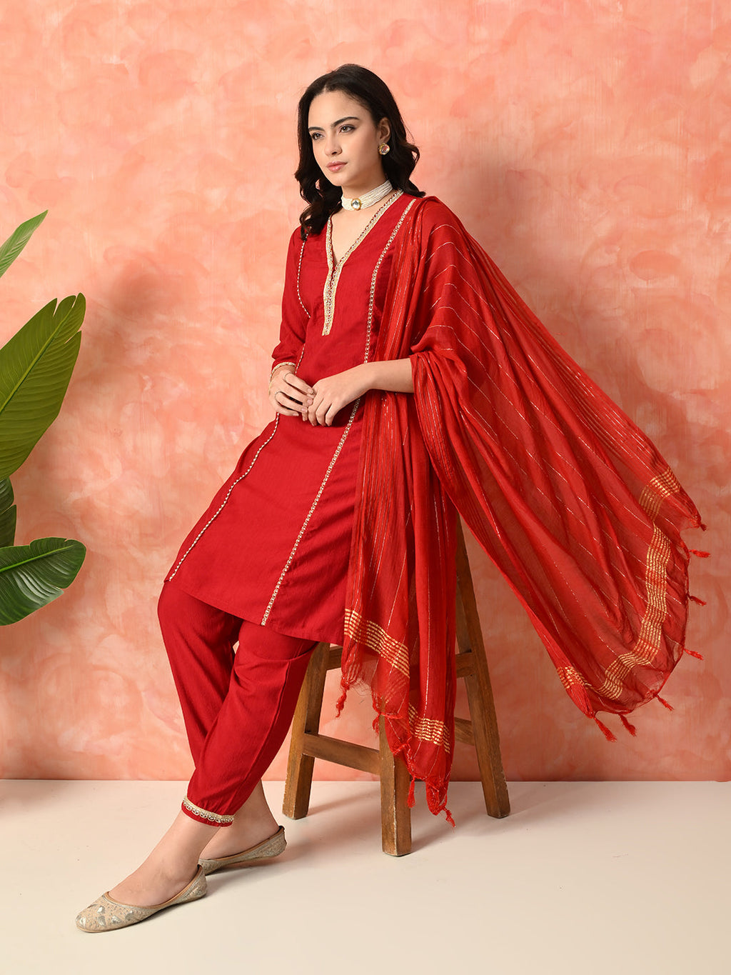 Myshka Red Silk Blend Straight V-Neck Three-Quarter Sleeves Kurta Trousers With Dupatta | Grocsy