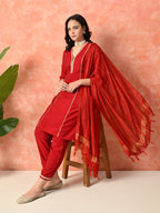 Myshka Red Silk Blend Straight V-Neck Three-Quarter Sleeves Kurta Trousers With Dupatta | Grocsy