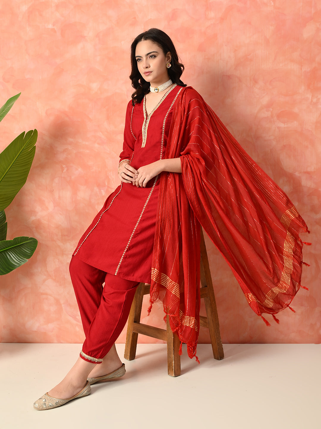 Myshka Red Silk Blend Straight V-Neck Three-Quarter Sleeves Kurta Trousers With Dupatta | Grocsy
