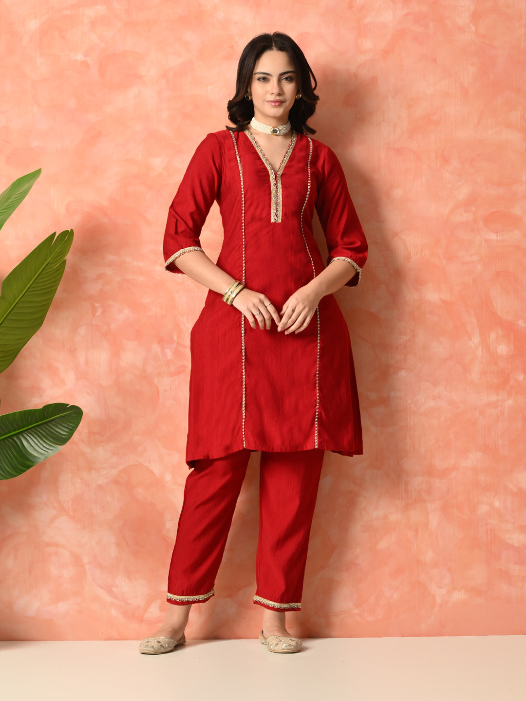 Myshka Red Silk Blend Straight V-Neck Three-Quarter Sleeves Kurta Trousers With Dupatta | Grocsy