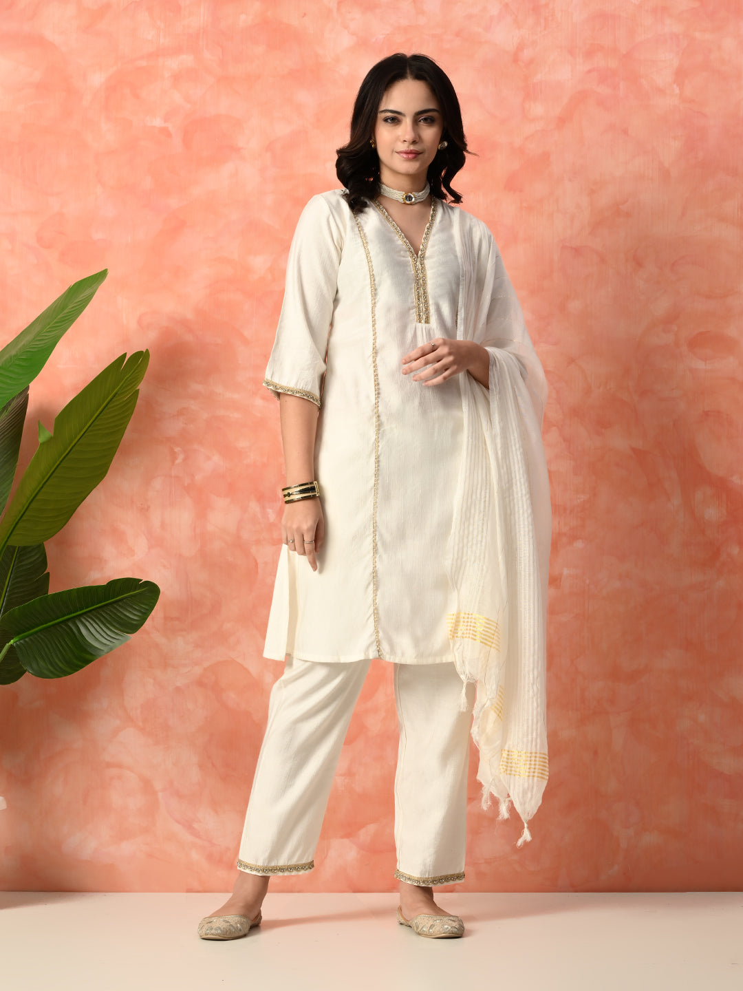Myshka White Silk Blend Straight V-Neck Three-Quarter Sleeves Kurta Trousers With Dupatta | Grocsy
