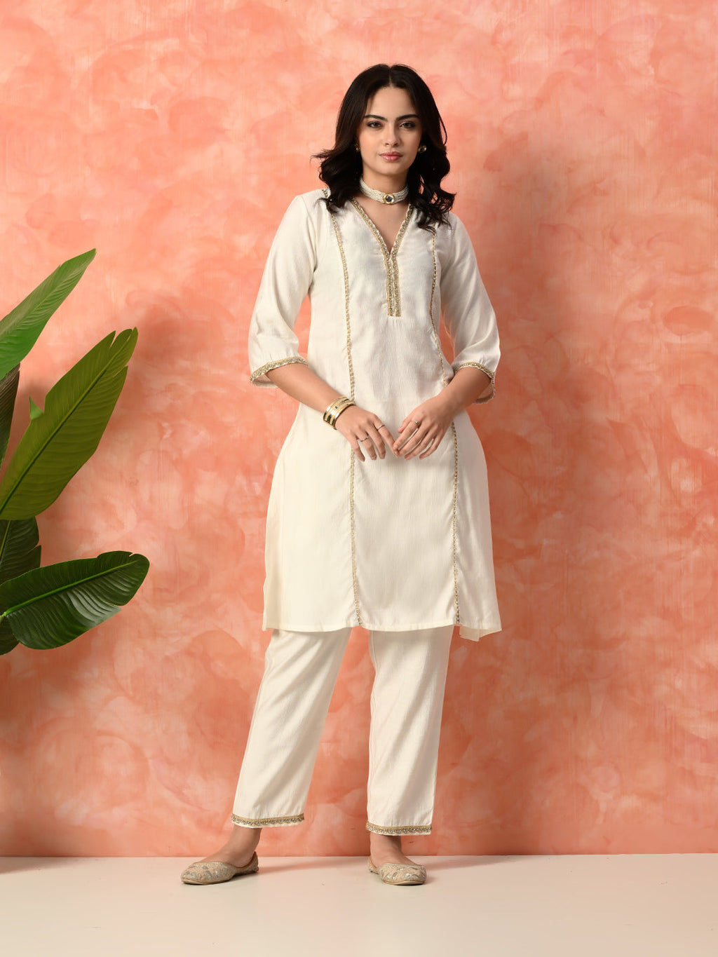 Myshka White Silk Blend Straight V-Neck Three-Quarter Sleeves Kurta Trousers With Dupatta | Grocsy
