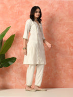 Myshka White Silk Blend Straight V-Neck Three-Quarter Sleeves Kurta Trousers With Dupatta | Grocsy