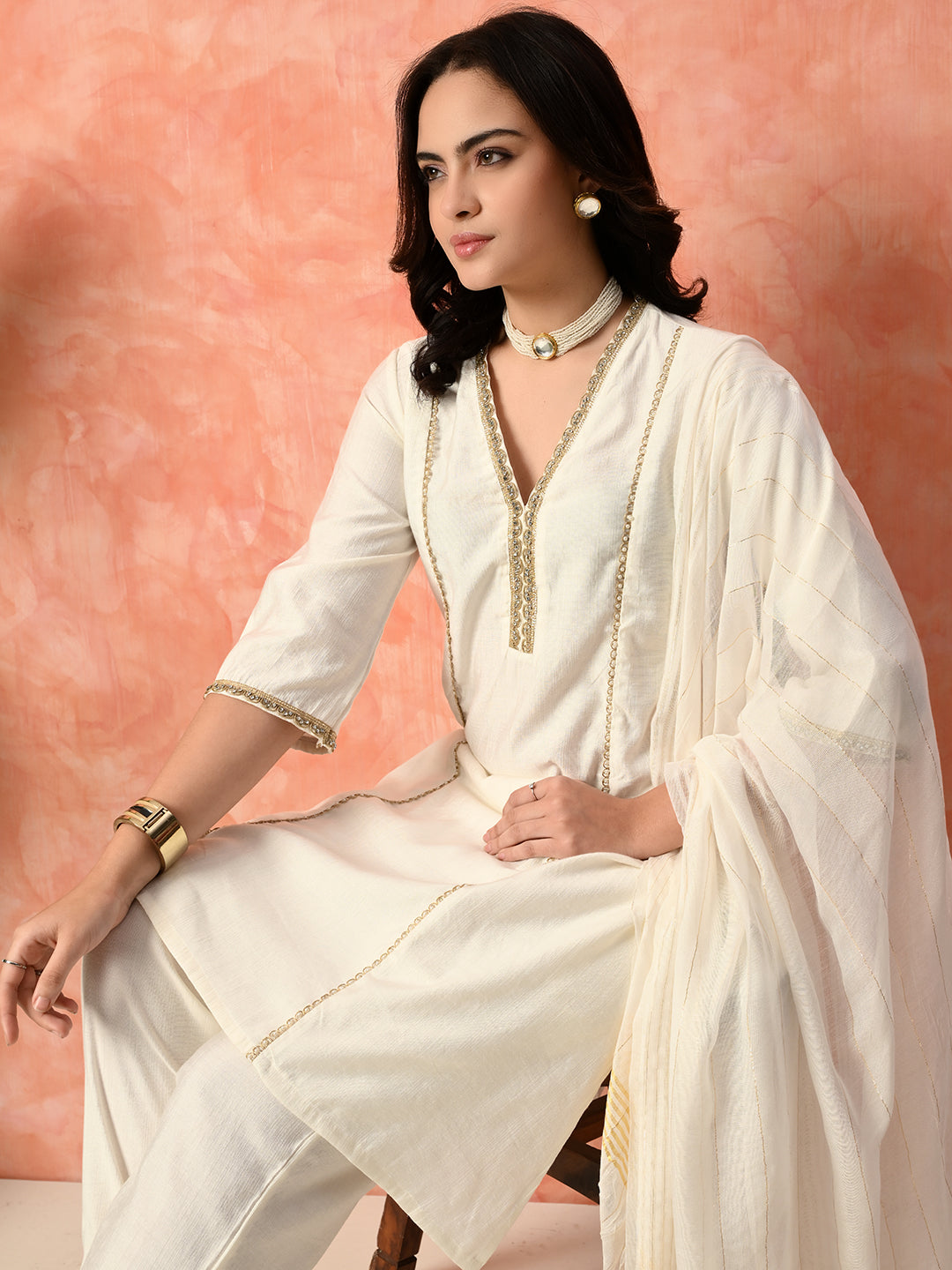 Myshka White Silk Blend Straight V-Neck Three-Quarter Sleeves Kurta Trousers With Dupatta | Grocsy