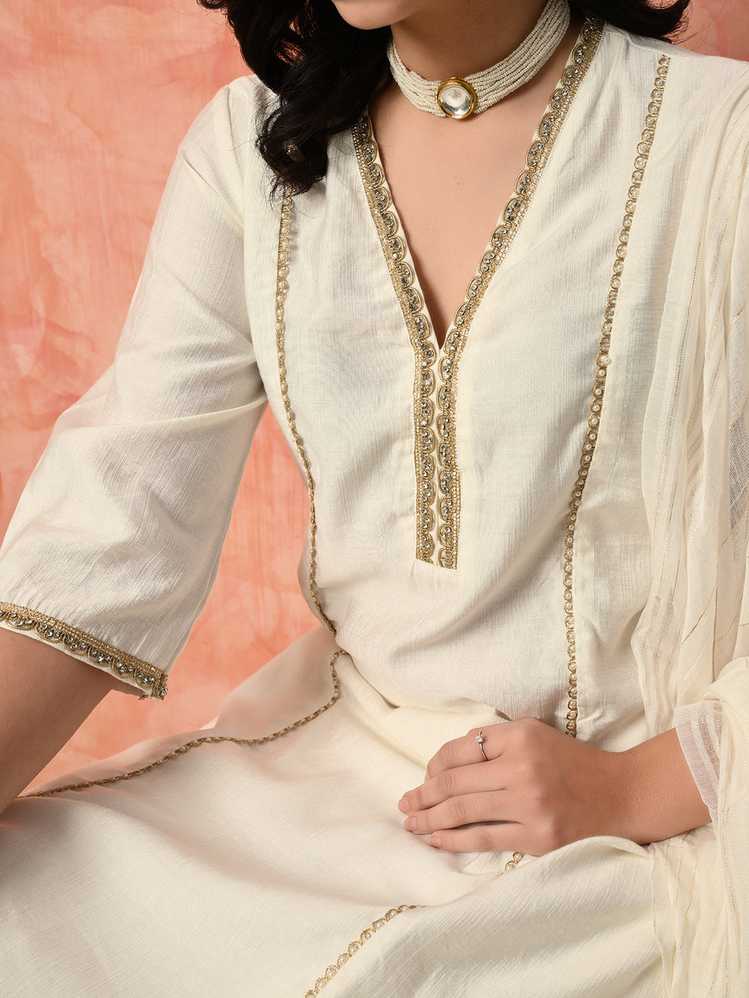 Myshka White Silk Blend Straight V-Neck Three-Quarter Sleeves Kurta Trousers With Dupatta | Grocsy