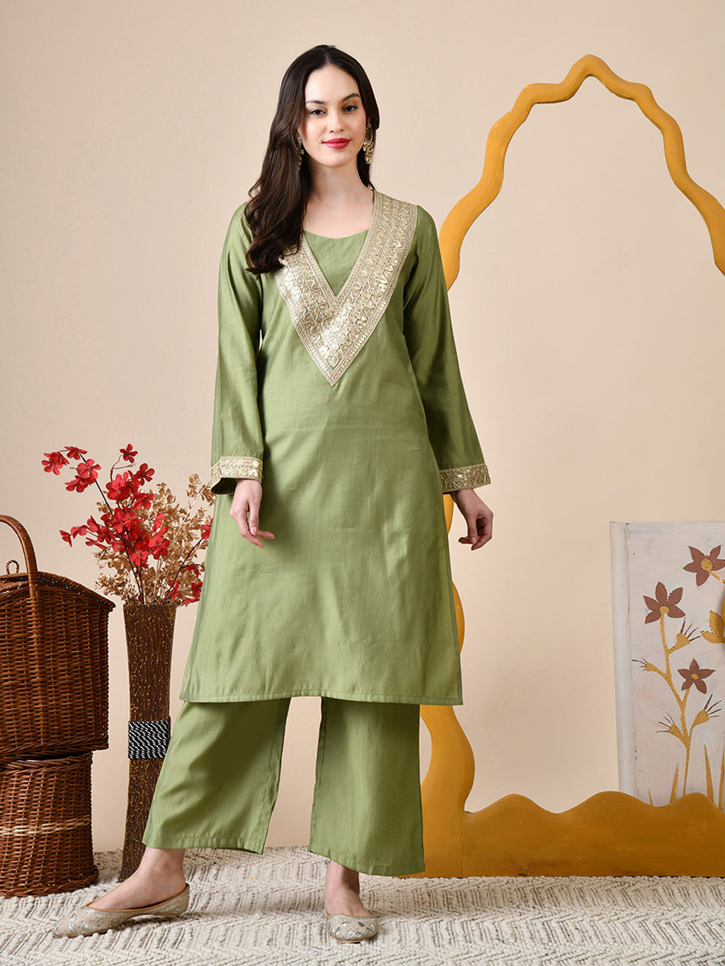 Myshka Green Silk Blend Straight Round Neck Long Sleeves Kurta Trousers Set | Grocsy