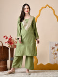 Myshka Green Silk Blend Straight Round Neck Long Sleeves Kurta Trousers Set | Grocsy
