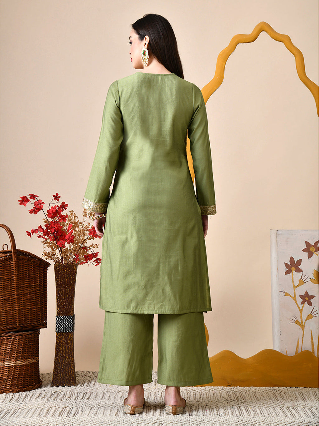 Myshka Green Silk Blend Straight Round Neck Long Sleeves Kurta Trousers Set | Grocsy