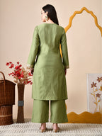 Myshka Green Silk Blend Straight Round Neck Long Sleeves Kurta Trousers Set | Grocsy