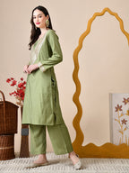 Myshka Green Silk Blend Straight Round Neck Long Sleeves Kurta Trousers Set | Grocsy