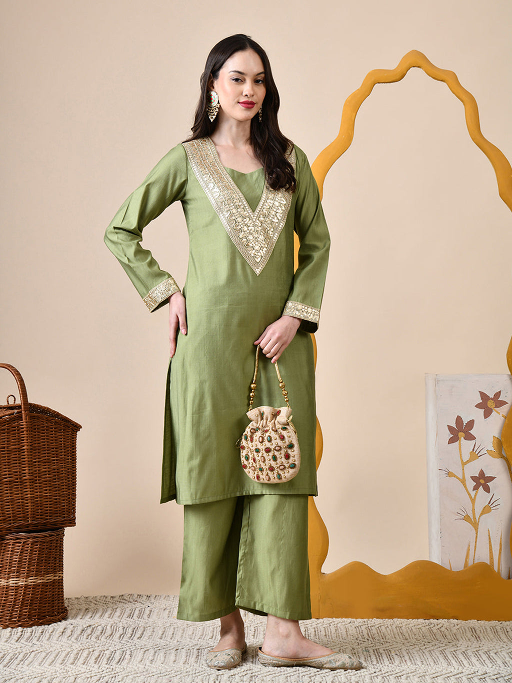 Myshka Green Silk Blend Straight Round Neck Long Sleeves Kurta Trousers Set | Grocsy