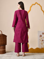 Myshka Wine Silk Blend Straight Round Neck Long Sleeves Kurta Trousers Set | Grocsy