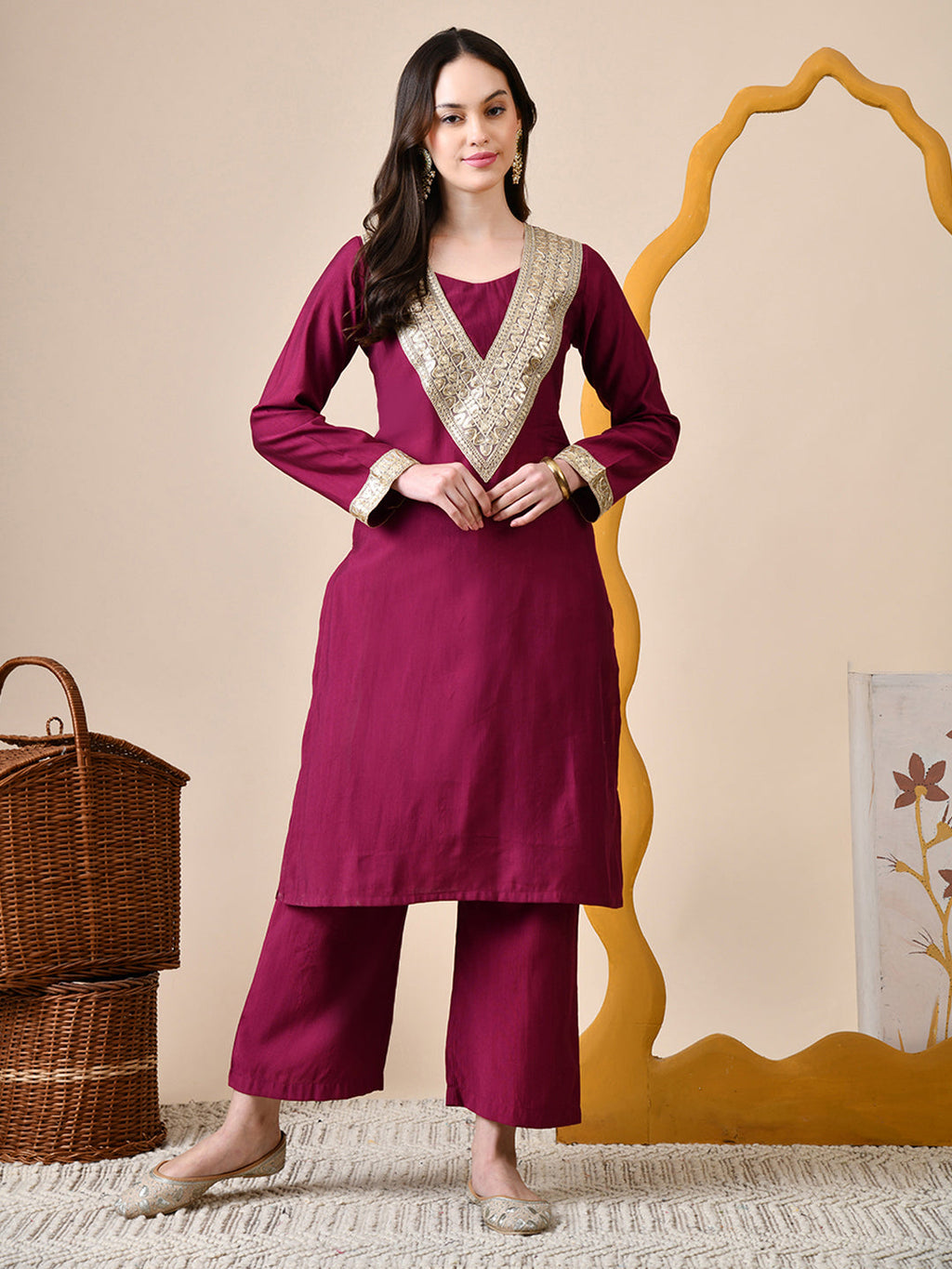Myshka Wine Silk Blend Straight Round Neck Long Sleeves Kurta Trousers Set | Grocsy
