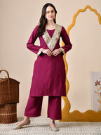 Myshka Wine Silk Blend Straight Round Neck Long Sleeves Kurta Trousers Set | Grocsy