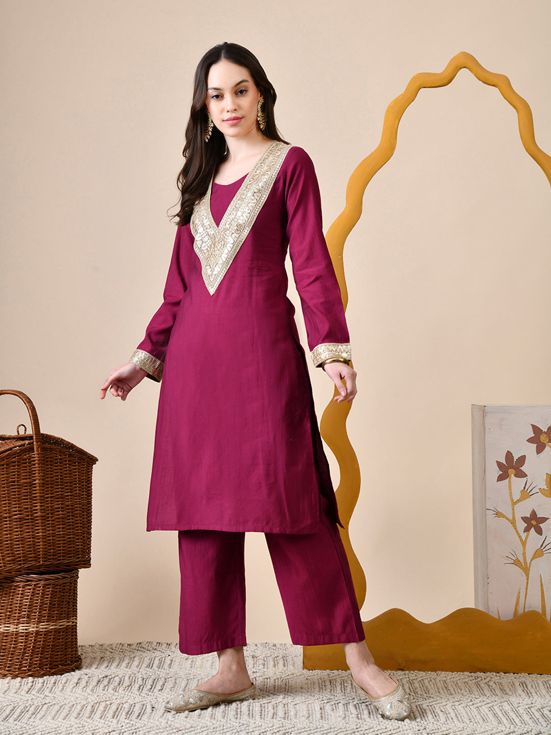 Myshka Wine Silk Blend Straight Round Neck Long Sleeves Kurta Trousers Set | Grocsy