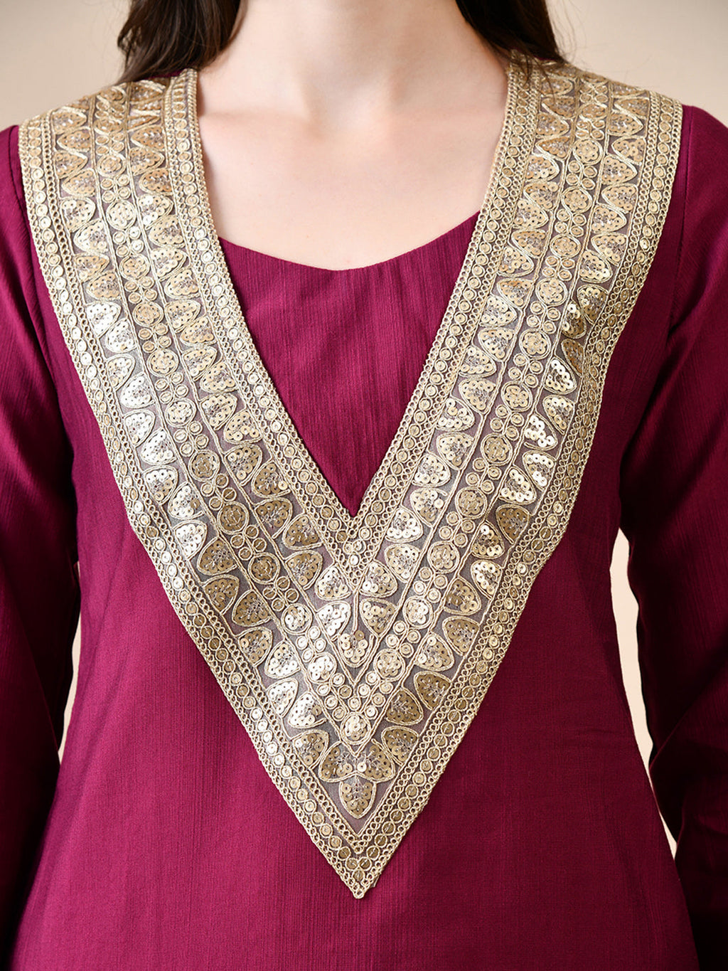 Myshka Wine Silk Blend Straight Round Neck Long Sleeves Kurta Trousers Set | Grocsy