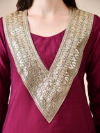 Myshka Wine Silk Blend Straight Round Neck Long Sleeves Kurta Trousers Set | Grocsy