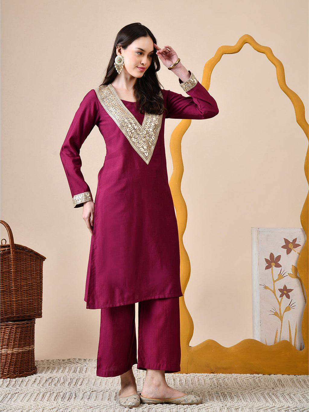 Myshka Wine Silk Blend Straight Round Neck Long Sleeves Kurta Trousers Set | Grocsy