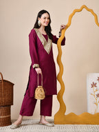 Myshka Wine Silk Blend Straight Round Neck Long Sleeves Kurta Trousers Set | Grocsy