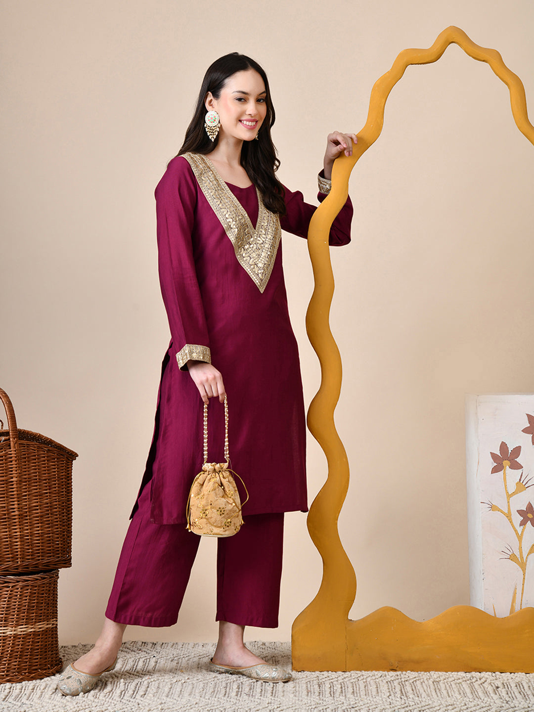 Myshka Wine Silk Blend Straight Round Neck Long Sleeves Kurta Trousers Set | Grocsy