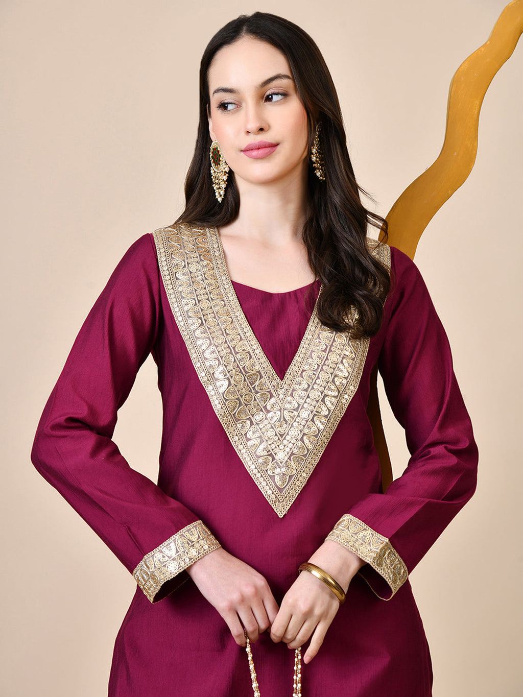 Myshka Wine Silk Blend Straight Round Neck Long Sleeves Kurta Trousers Set | Grocsy