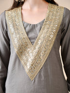 Myshka Gray Silk Blend Straight Round Neck Long Sleeves Kurta Trousers Set | Grocsy