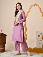 Myshka Lavender Silk Blend Straight Round Neck Long Sleeves Kurta Trousers Set | Grocsy