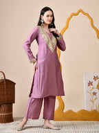 Myshka Lavender Silk Blend Straight Round Neck Long Sleeves Kurta Trousers Set | Grocsy