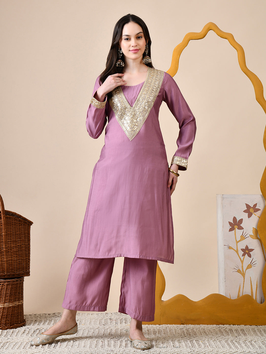 Myshka Lavender Silk Blend Straight Round Neck Long Sleeves Kurta Trousers Set | Grocsy