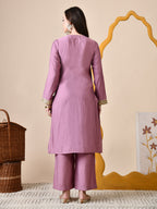 Myshka Lavender Silk Blend Straight Round Neck Long Sleeves Kurta Trousers Set | Grocsy