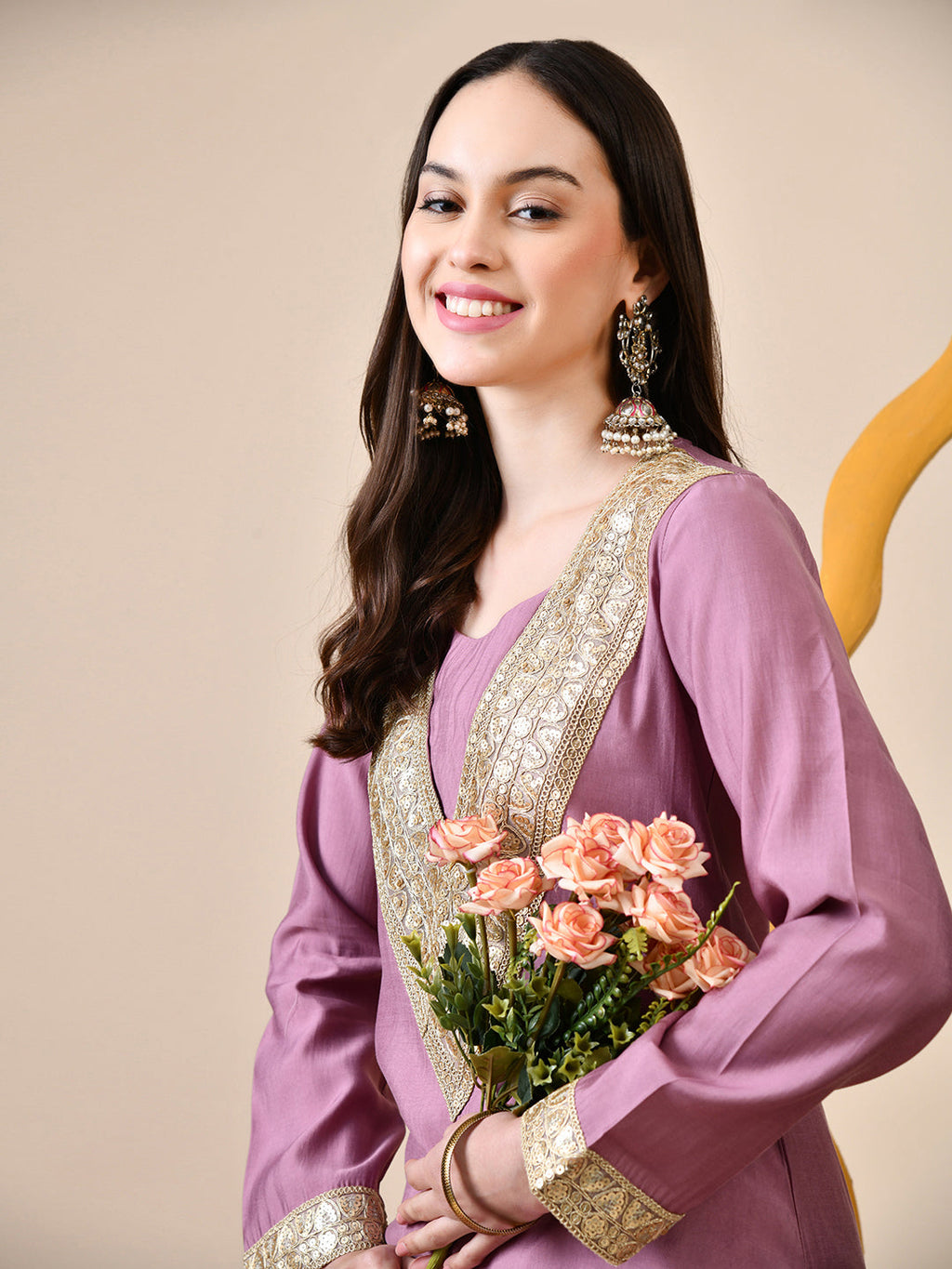 Myshka Lavender Silk Blend Straight Round Neck Long Sleeves Kurta Trousers Set | Grocsy