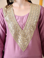 Myshka Lavender Silk Blend Straight Round Neck Long Sleeves Kurta Trousers Set | Grocsy