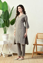 Myshka Gray Silk Blend Straight Round Neck Three-Quarter Sleeves Kurta Trousers Set | Grocsy