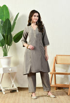 Myshka Gray Silk Blend Straight Round Neck Three-Quarter Sleeves Kurta Trousers Set | Grocsy