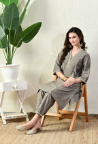 Myshka Gray Silk Blend Straight Round Neck Three-Quarter Sleeves Kurta Trousers Set | Grocsy
