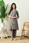 Myshka Gray Silk Blend Straight Round Neck Three-Quarter Sleeves Kurta Trousers Set | Grocsy