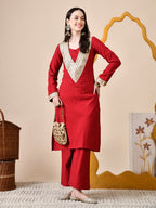 Myshka Red Silk Blend Straight Round Neck Long Sleeves Kurta Trousers Set | Grocsy