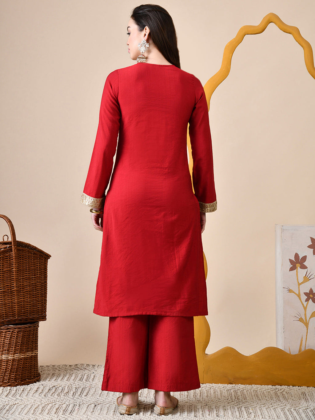 Myshka Red Silk Blend Straight Round Neck Long Sleeves Kurta Trousers Set | Grocsy