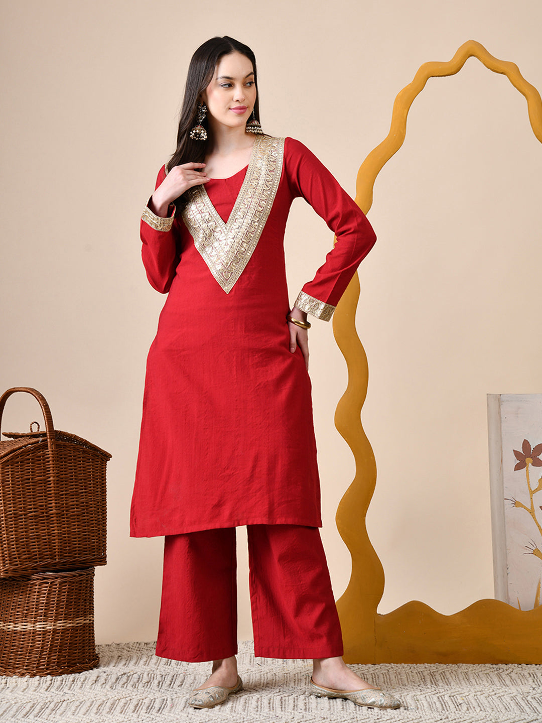 Myshka Red Silk Blend Straight Round Neck Long Sleeves Kurta Trousers Set | Grocsy