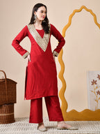 Myshka Red Silk Blend Straight Round Neck Long Sleeves Kurta Trousers Set | Grocsy