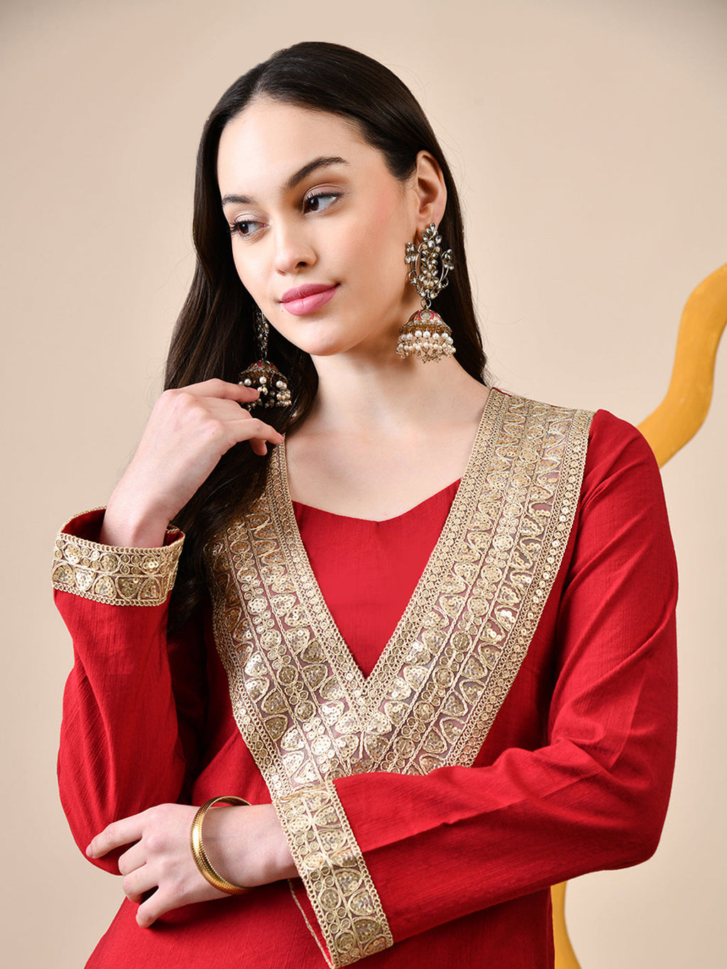 Myshka Red Silk Blend Straight Round Neck Long Sleeves Kurta Trousers Set | Grocsy