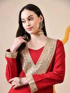 Myshka Red Silk Blend Straight Round Neck Long Sleeves Kurta Trousers Set | Grocsy
