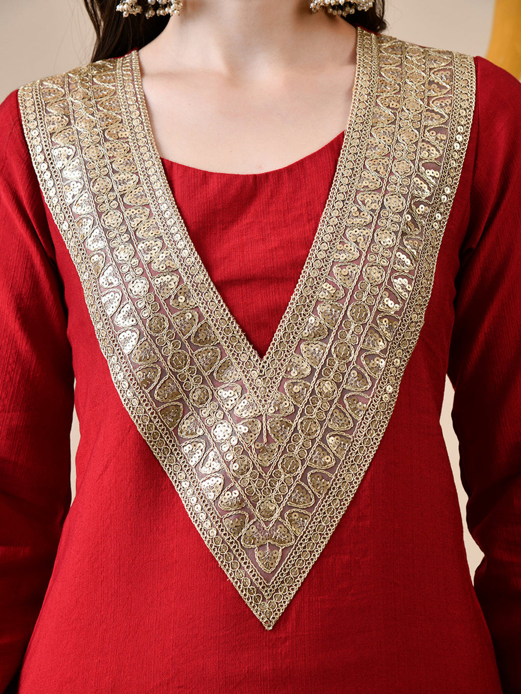 Myshka Red Silk Blend Straight Round Neck Long Sleeves Kurta Trousers Set | Grocsy